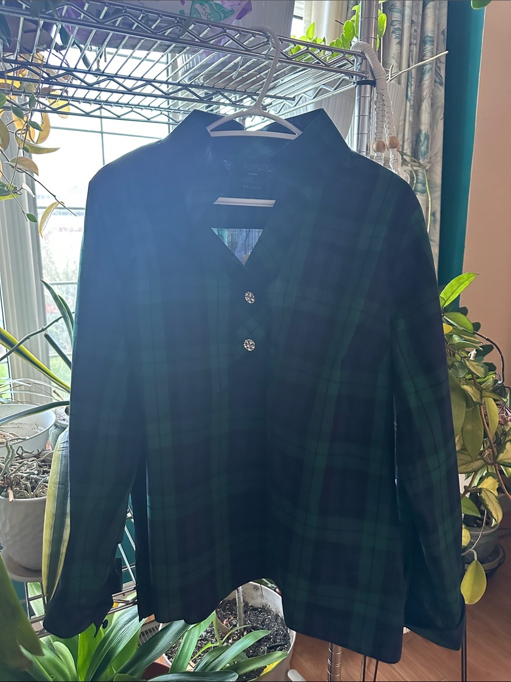 Talbots Green & Navy Plaid Buttonless Shirt